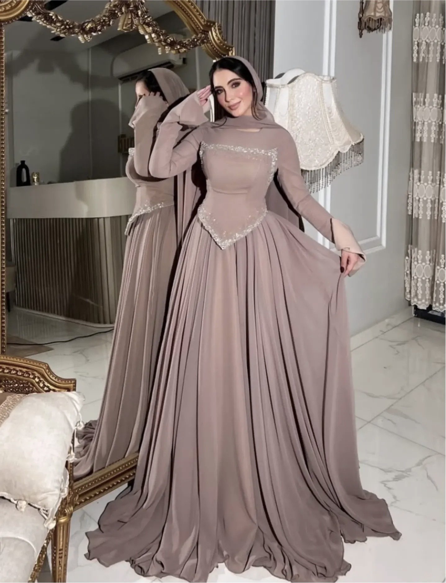 Elegant Long-Sleeve Rhinestone-Embellished Evening Gown