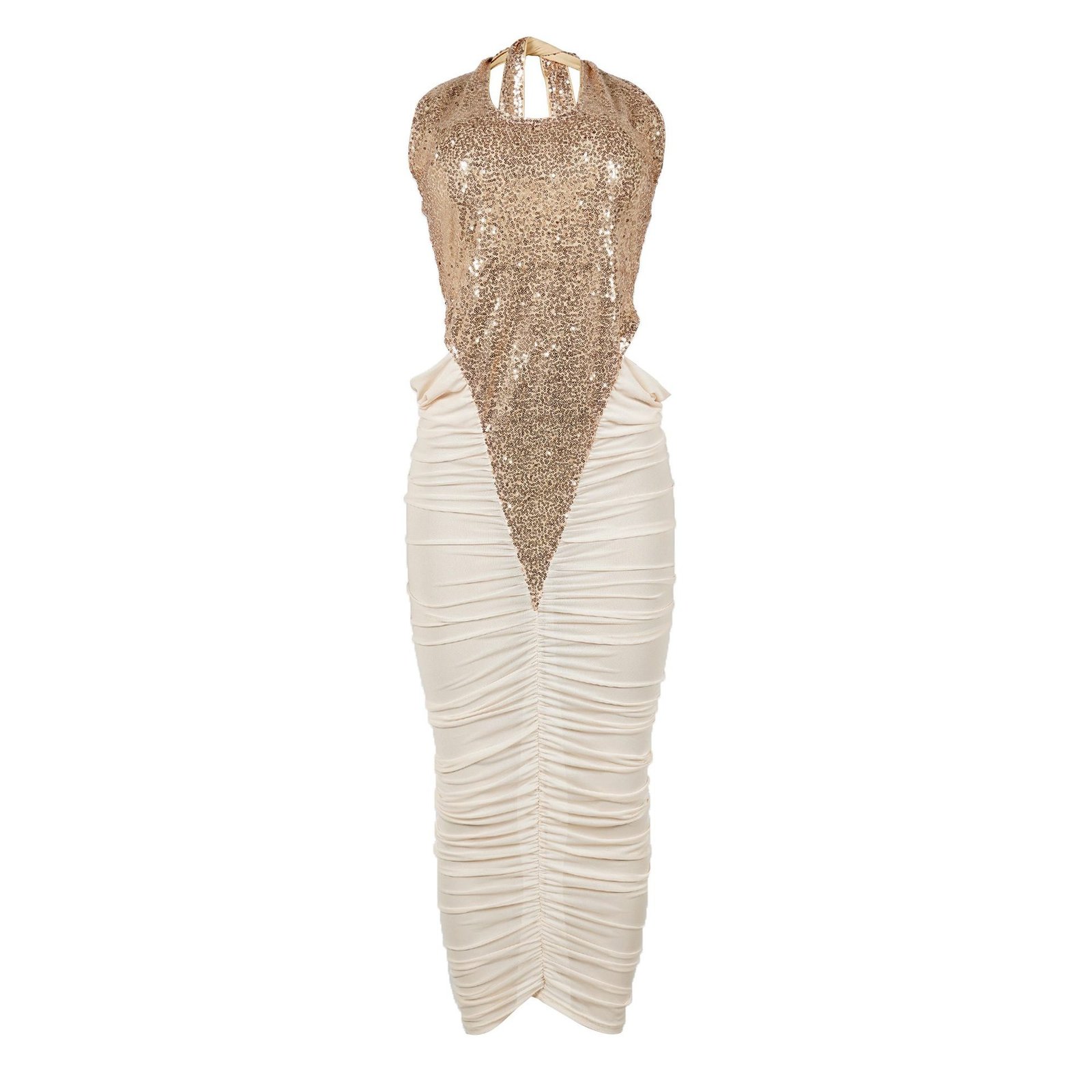 High-slit Mesh Panel Sequin Halter Gown