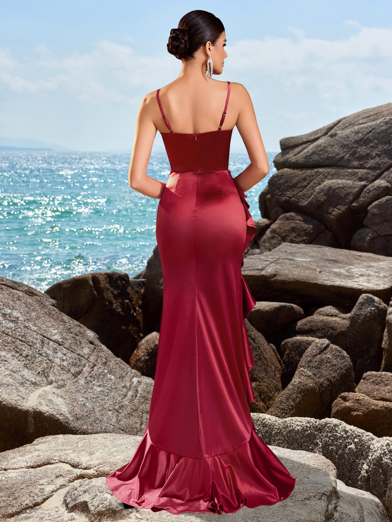Sexy Wine Red Toasting Long Dress With Thin Straps And Ruffled Lace, Wedding And Party Evening Gown