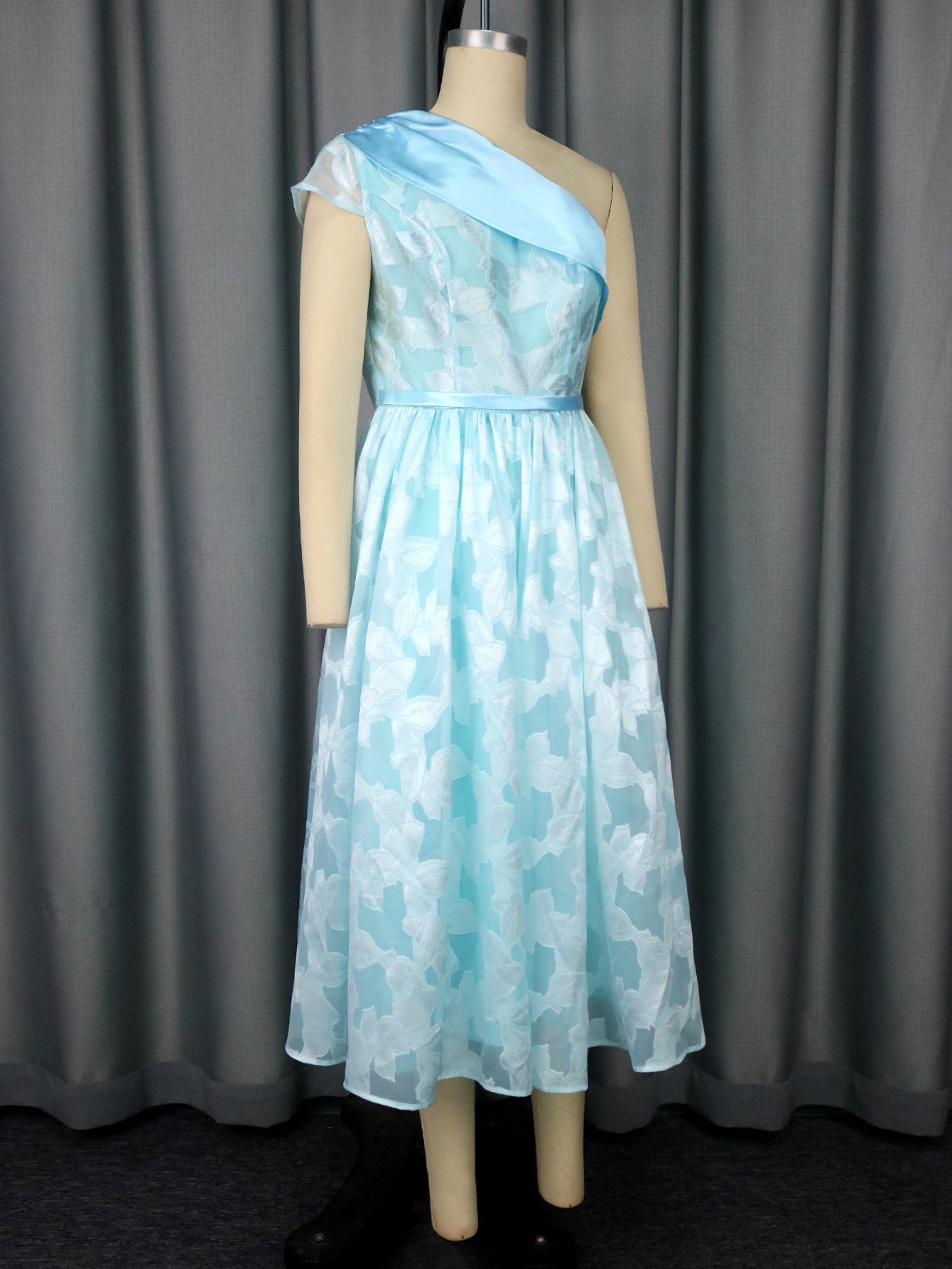 Women's Oblique Shoulder Contrast Color Evening Dress Jacquard Elegant Dress