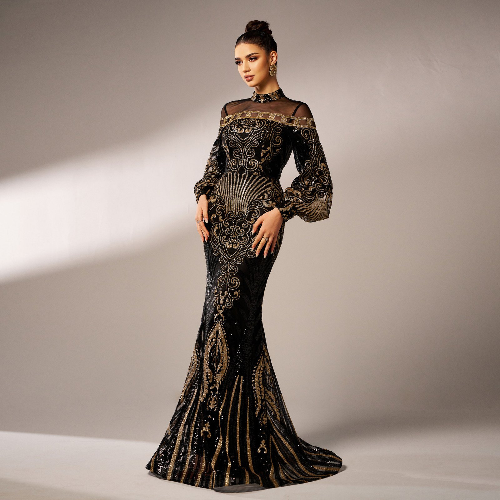 Long Sleeve Round Neck Sequins Mesh Fishtail Evening Dress