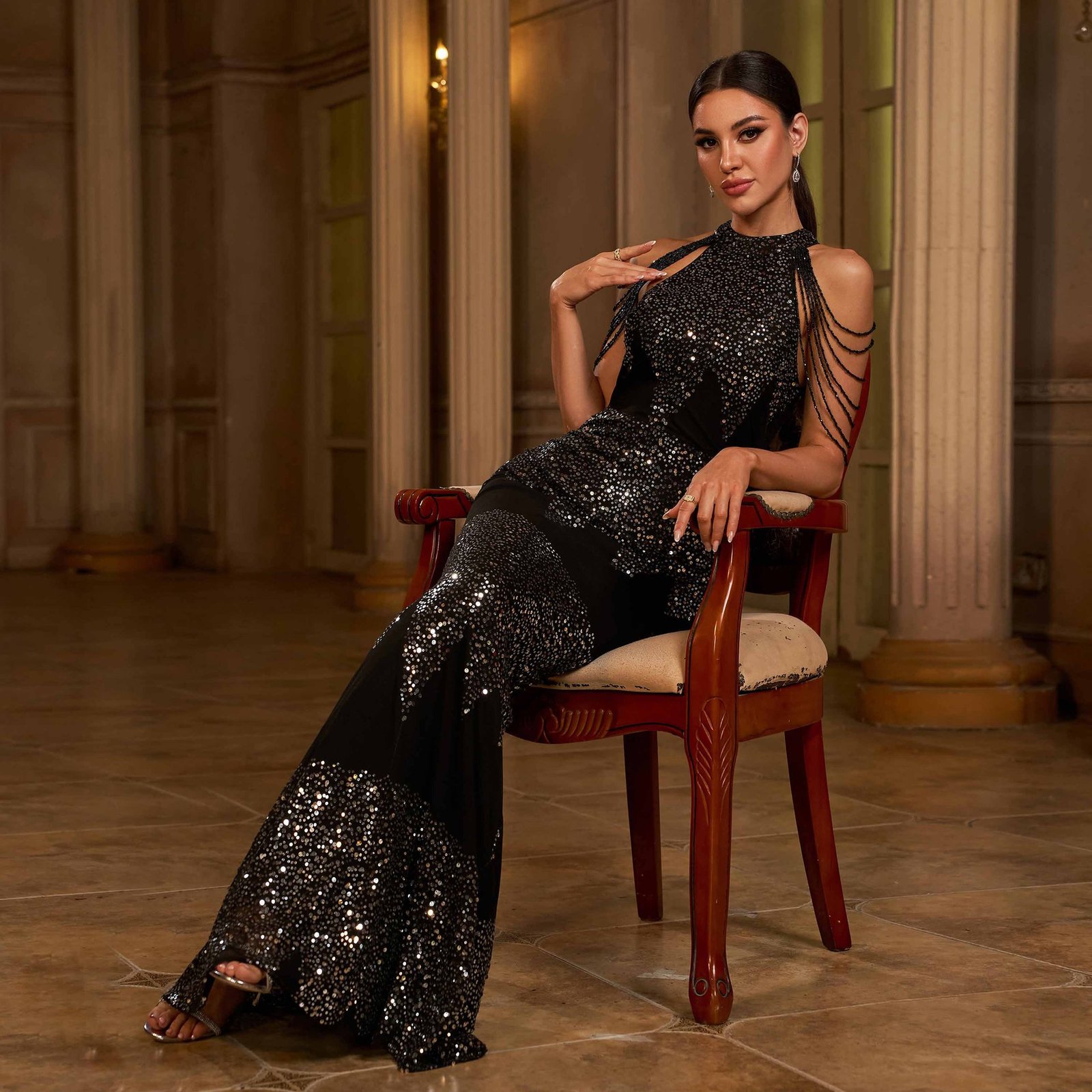 Halter Sequin Beads Slim-fit Evening Dress