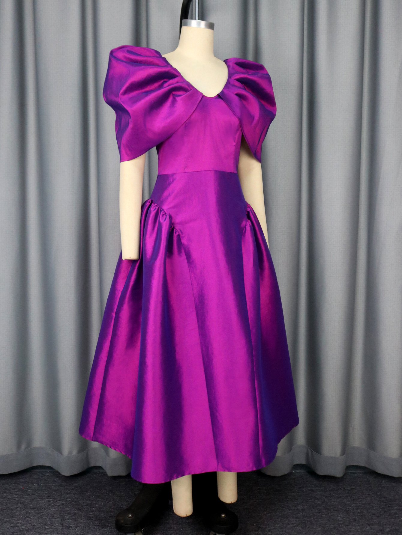 Puff Sleeve Evening Dress A Hem Pleated Banquet Dress