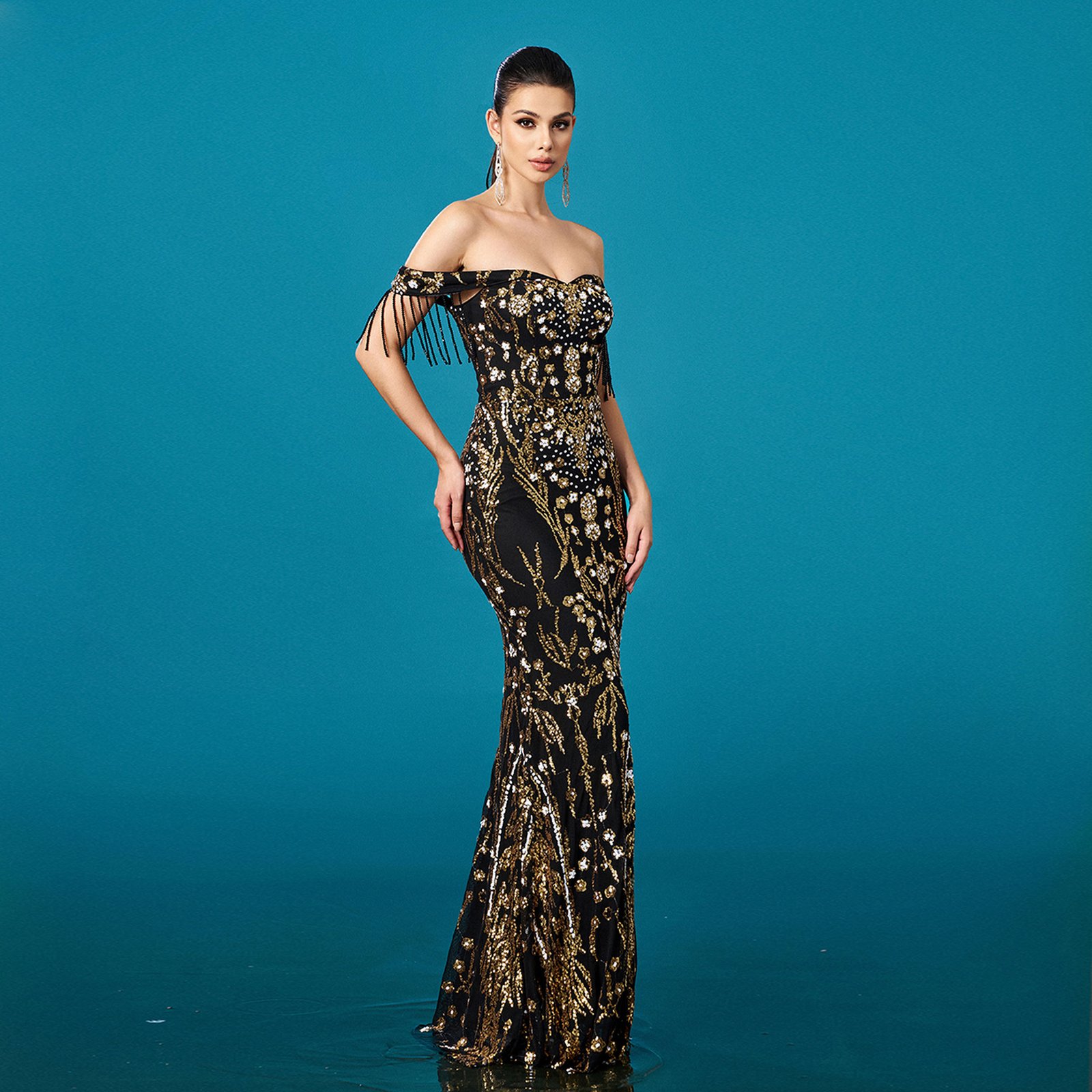 Off-neck Tassel Sequined Fishtail Evening Dress For Banquet