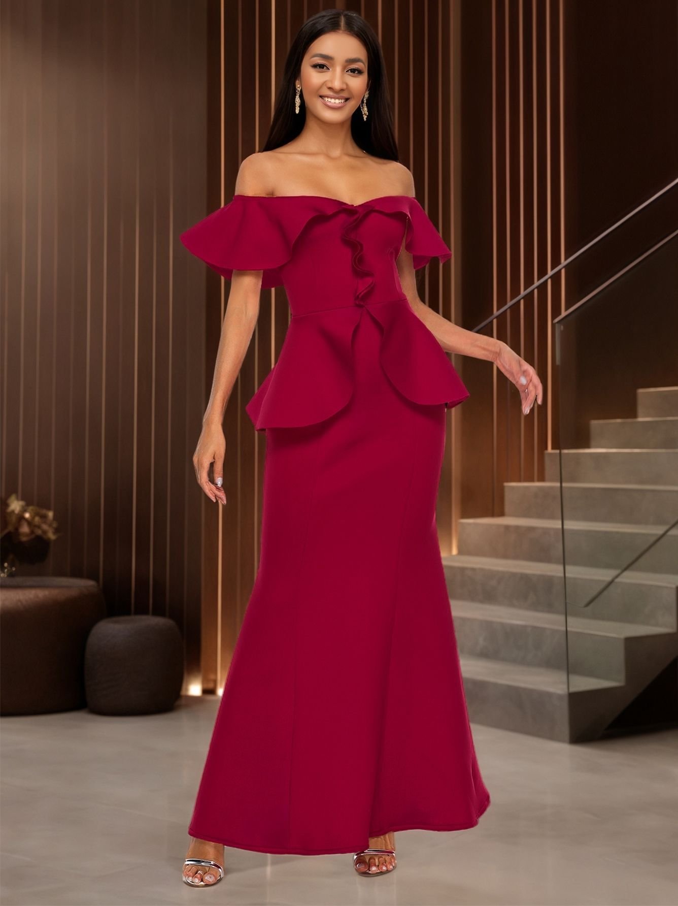 Strapless Ruffled Off-the-shoulder Dress Fishtail Dress