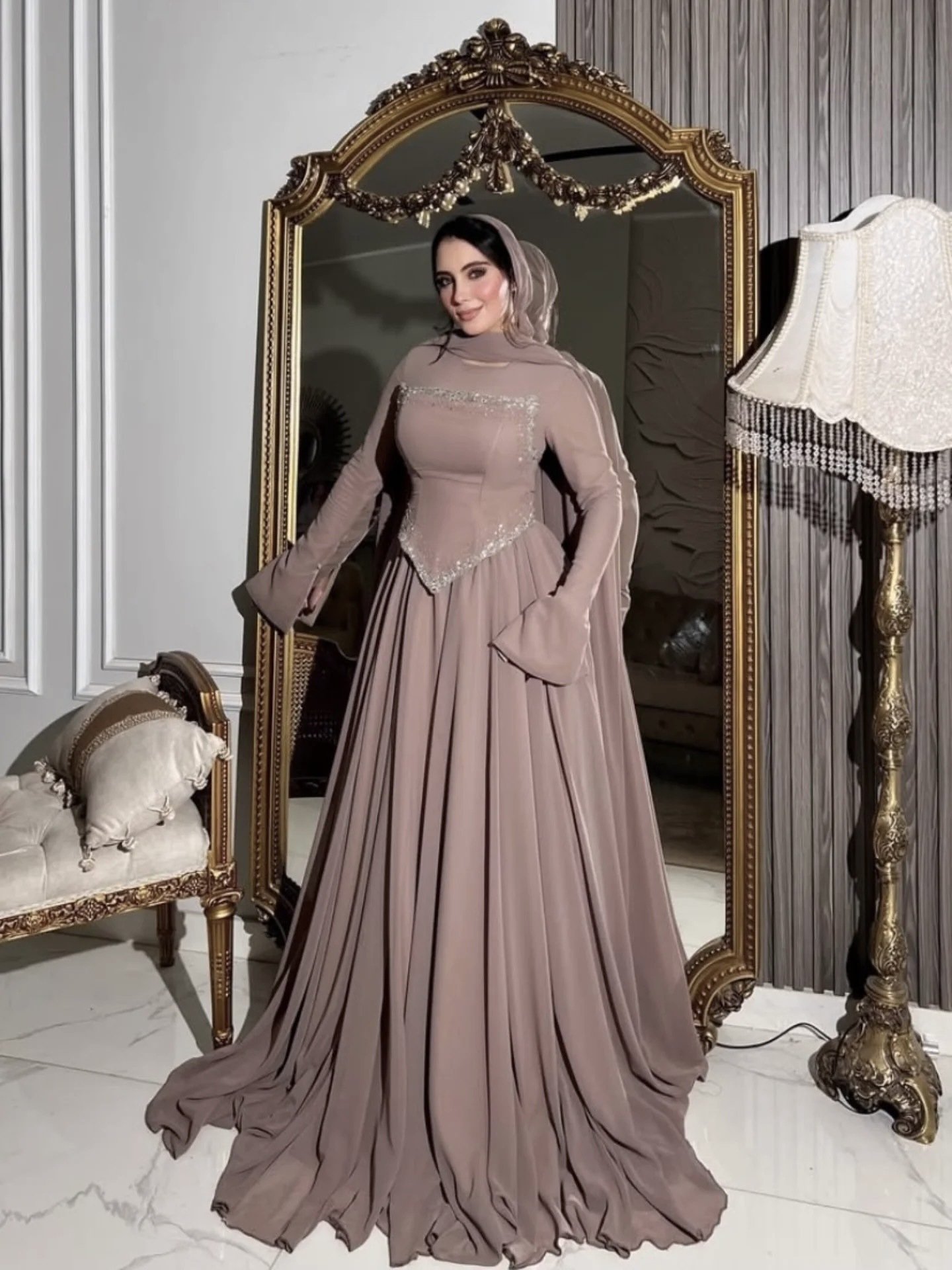 Elegant Long-Sleeve Rhinestone-Embellished Evening Gown