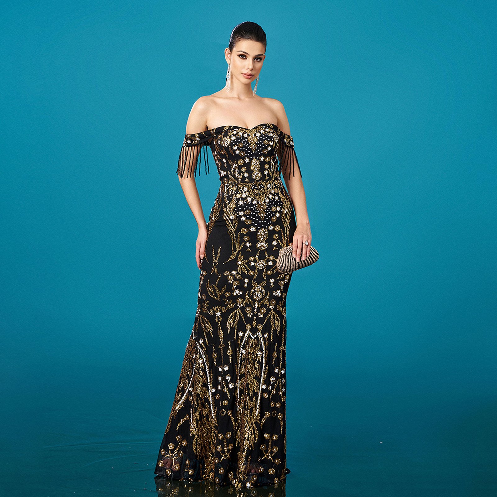Off-neck Tassel Sequined Fishtail Evening Dress For Banquet