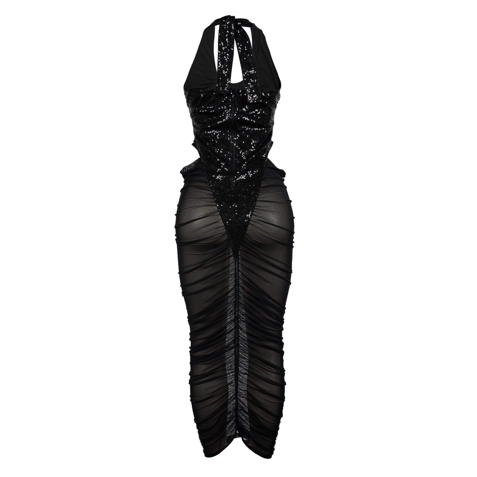 High-slit Mesh Panel Sequin Halter Gown