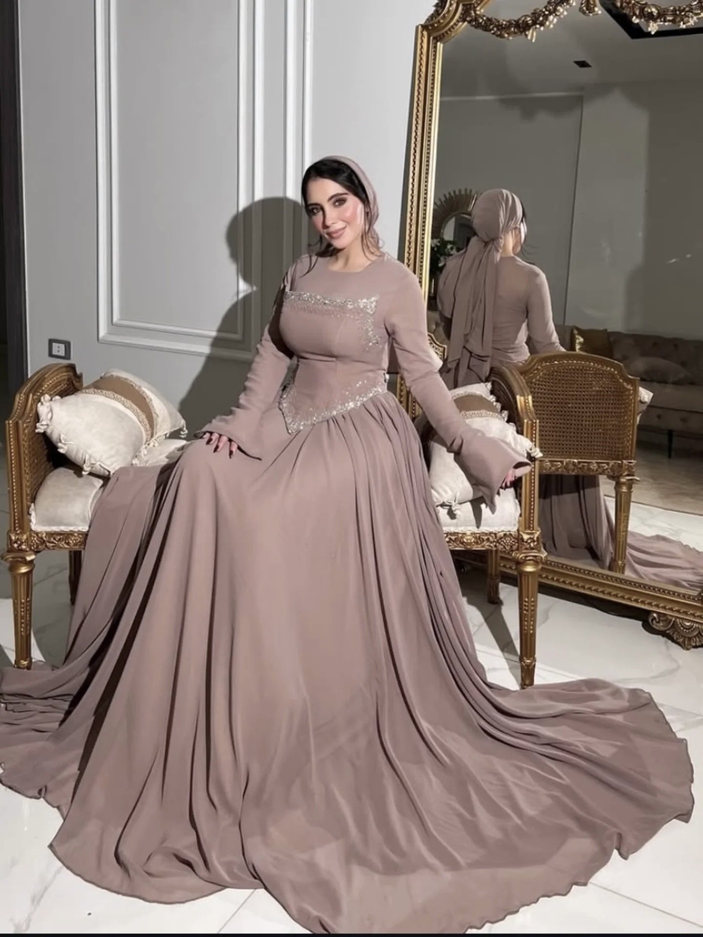 Elegant Long-Sleeve Rhinestone-Embellished Evening Gown