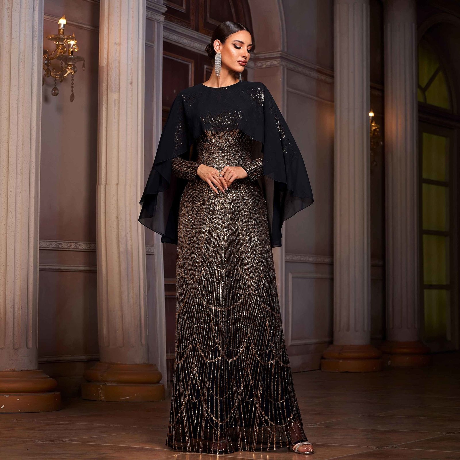 Elegant Long Sleeve Round Neck Shawl Banquet Sequined A- Line Evening Dress