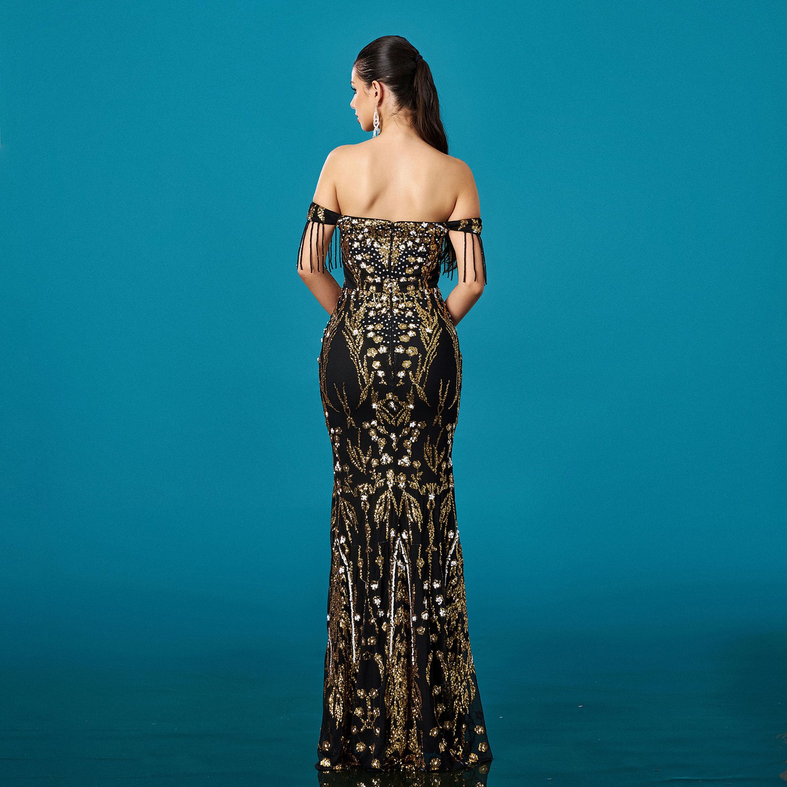 Off-neck Tassel Sequined Fishtail Evening Dress For Banquet