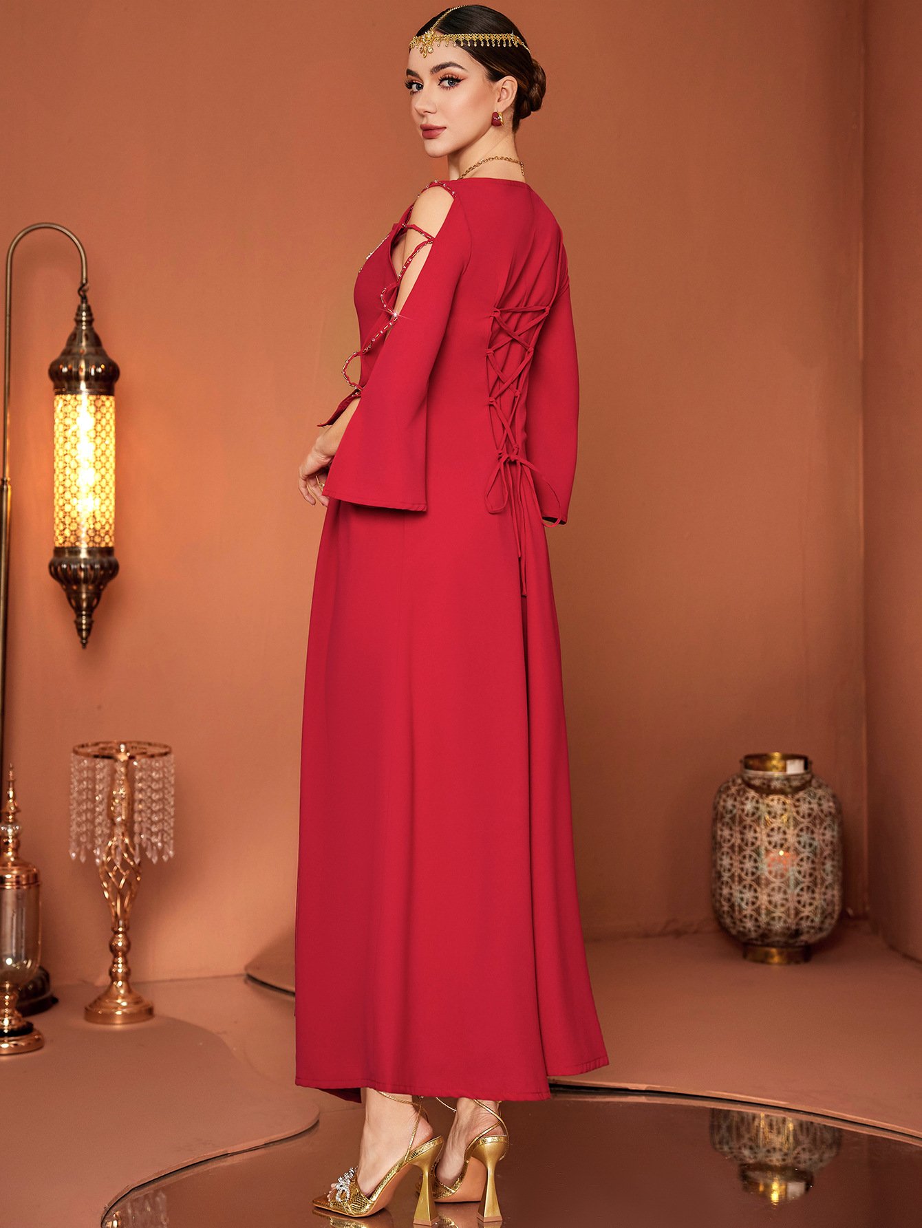 Red Designer Model Heavy Industry Hand Sewing Drill Off-the-shoulder Dress