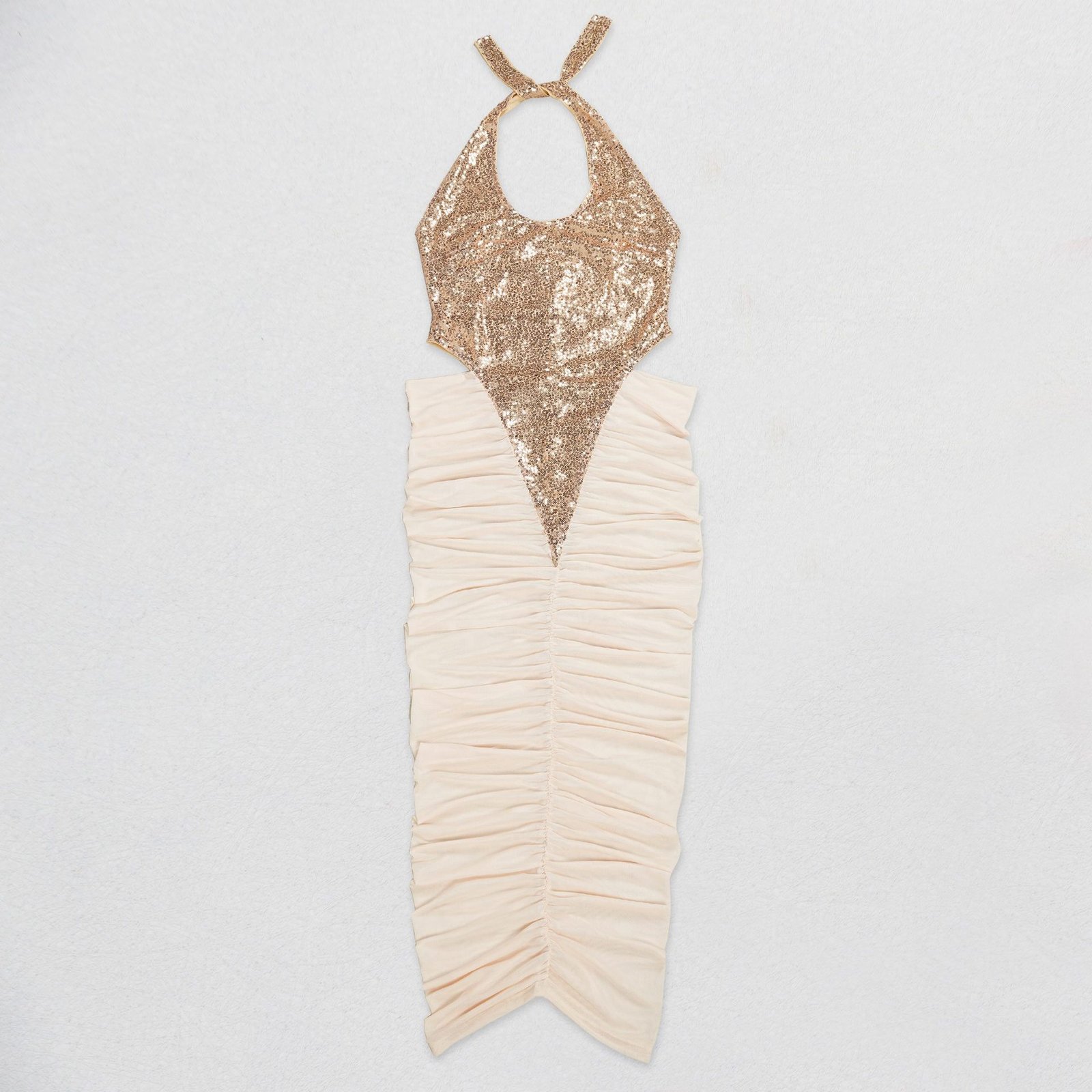 High-slit Mesh Panel Sequin Halter Gown