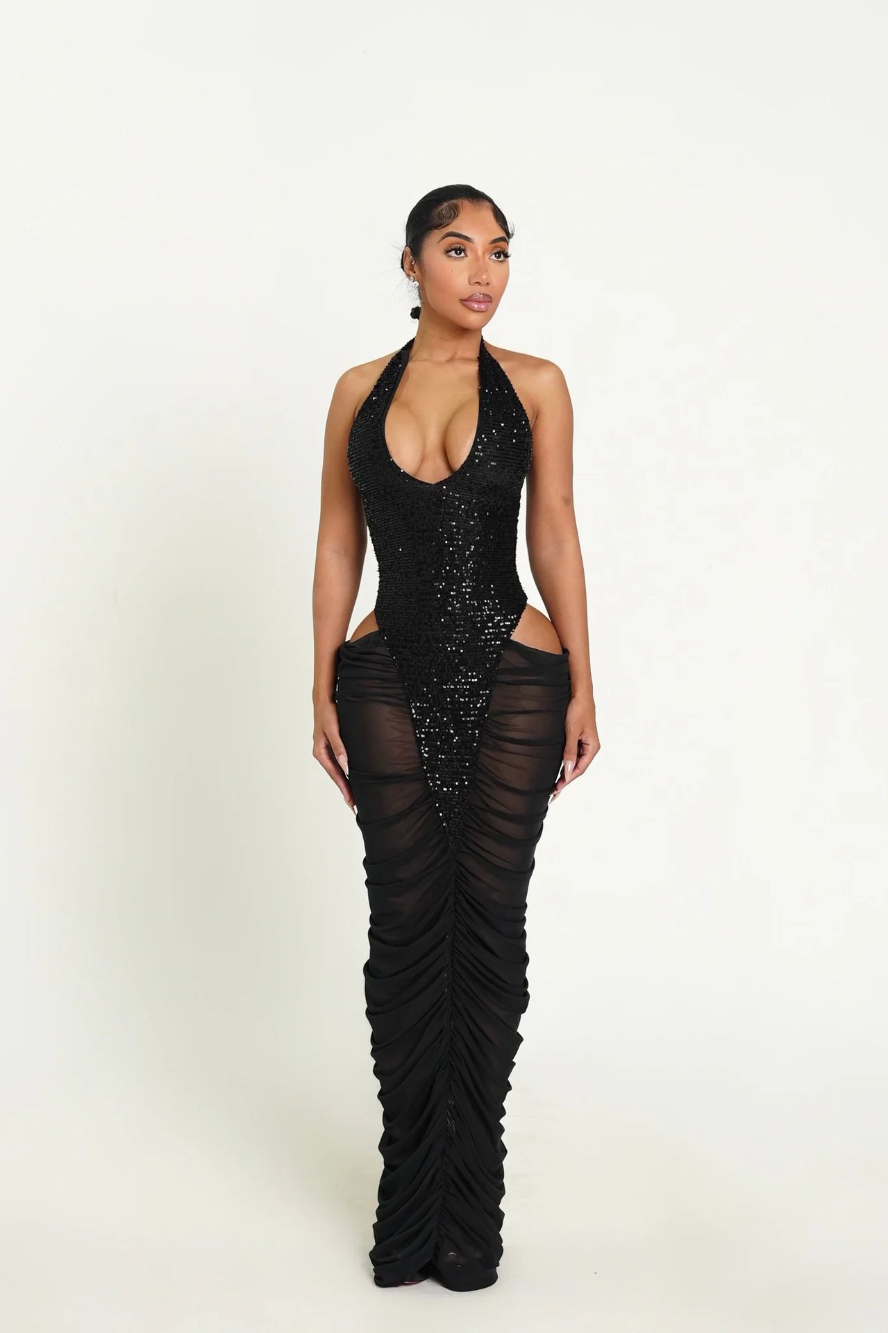 High-slit Mesh Panel Sequin Halter Gown