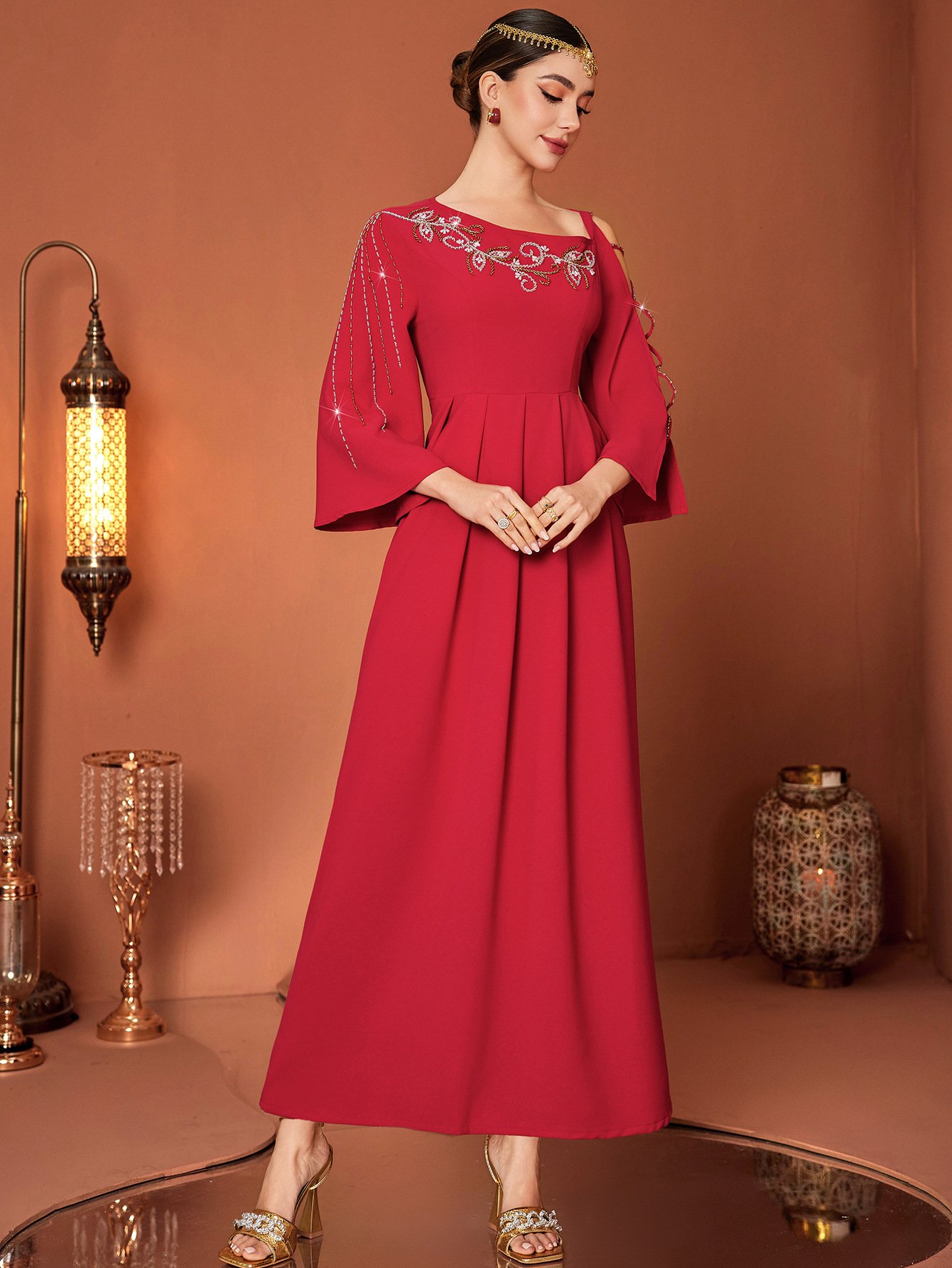 Red Designer Model Heavy Industry Hand Sewing Drill Off-the-shoulder Dress