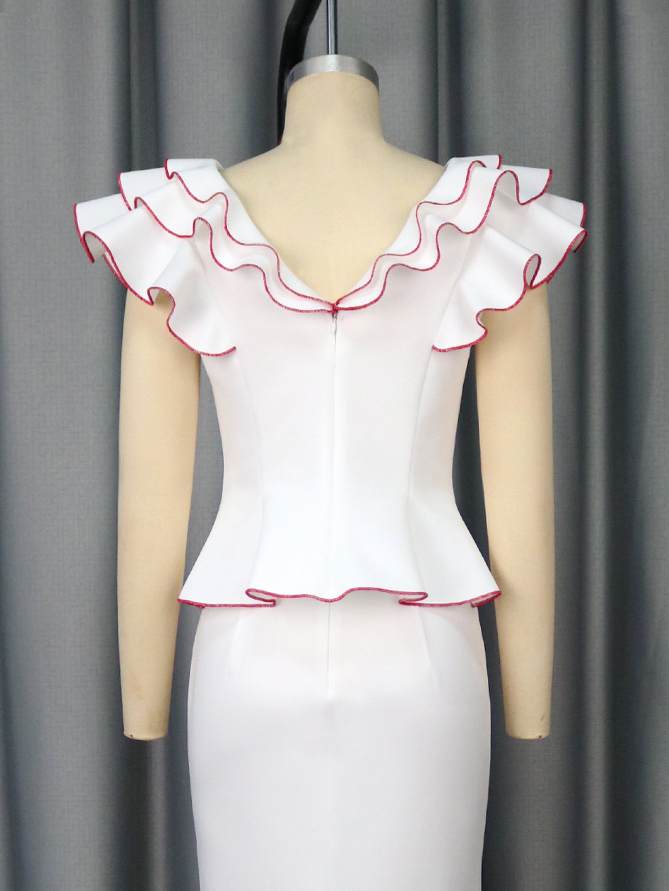Women's Ruffled Contrast Color Top Temperament Slim Fishtail Skirt Suit