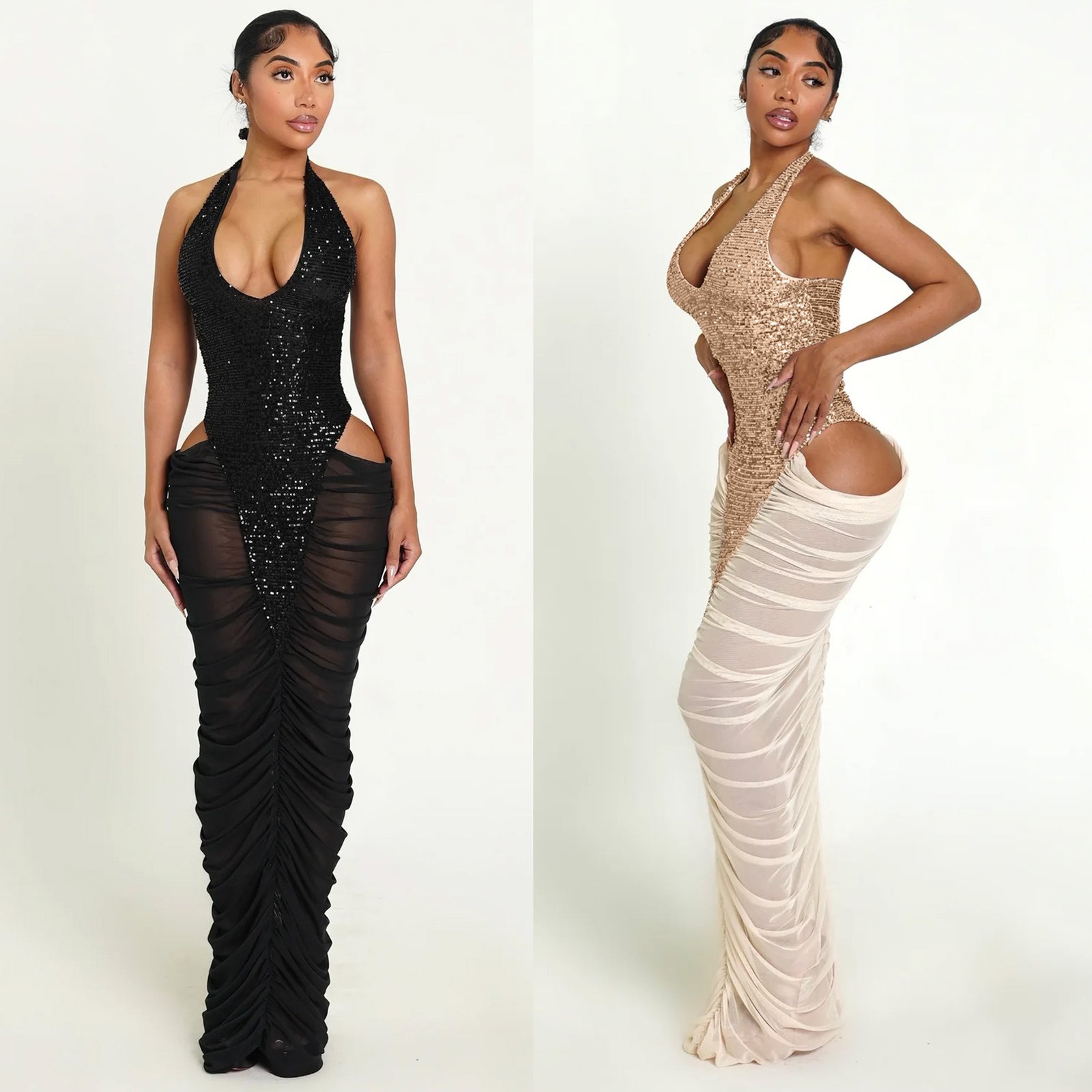 High-slit Mesh Panel Sequin Halter Gown