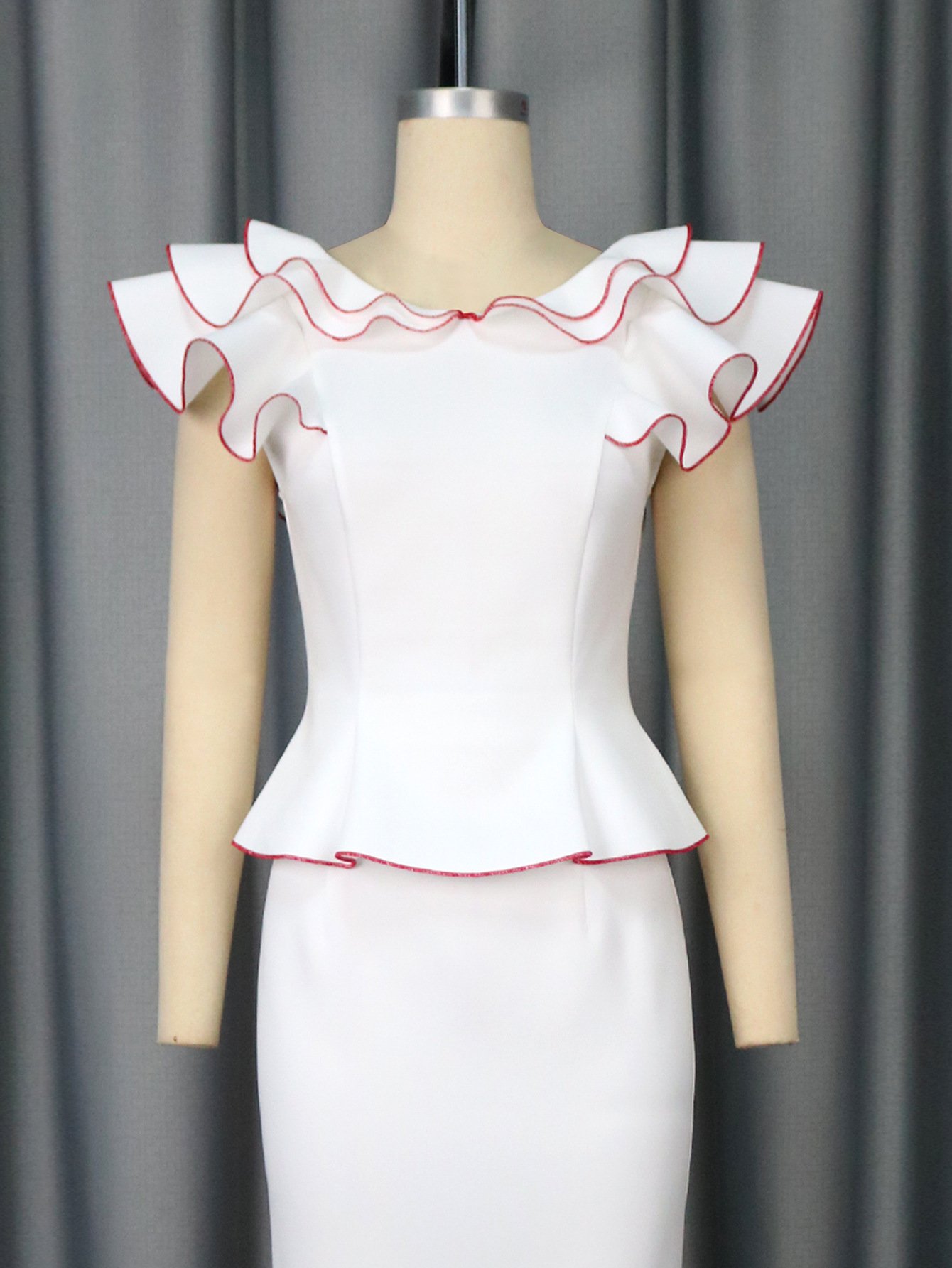 Women's Ruffled Contrast Color Top Temperament Slim Fishtail Skirt Suit