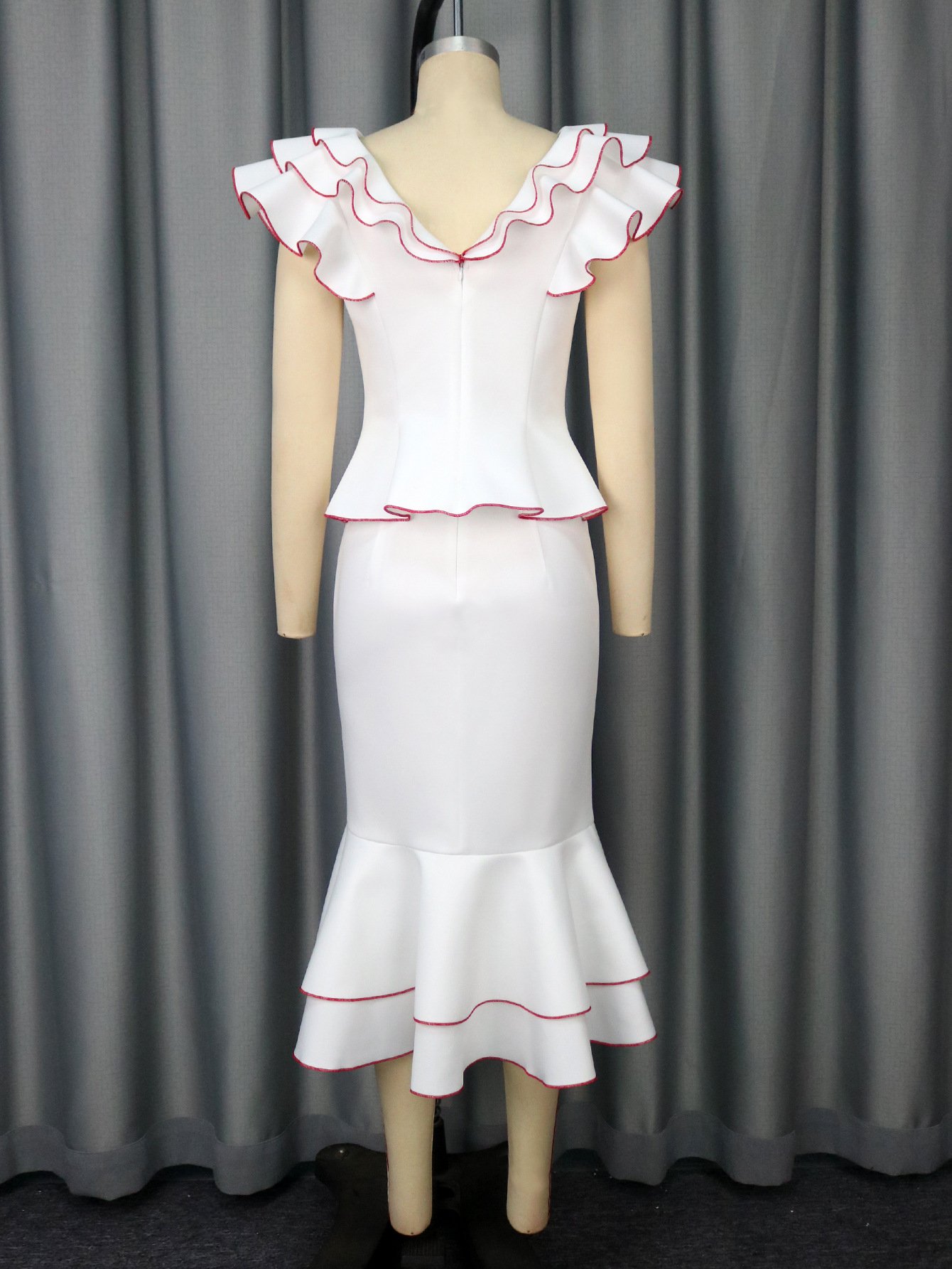 Women's Ruffled Contrast Color Top Temperament Slim Fishtail Skirt Suit