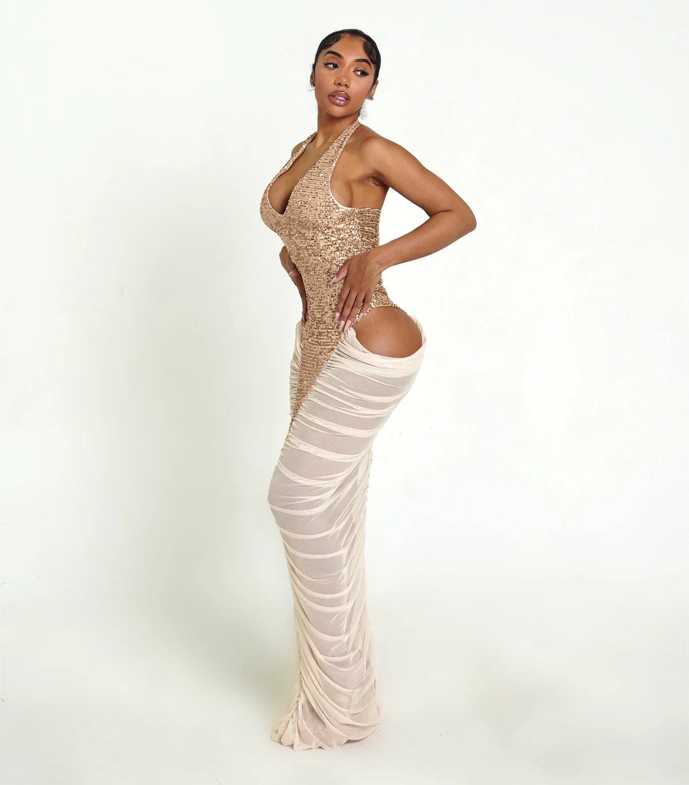 High-slit Mesh Panel Sequin Halter Gown