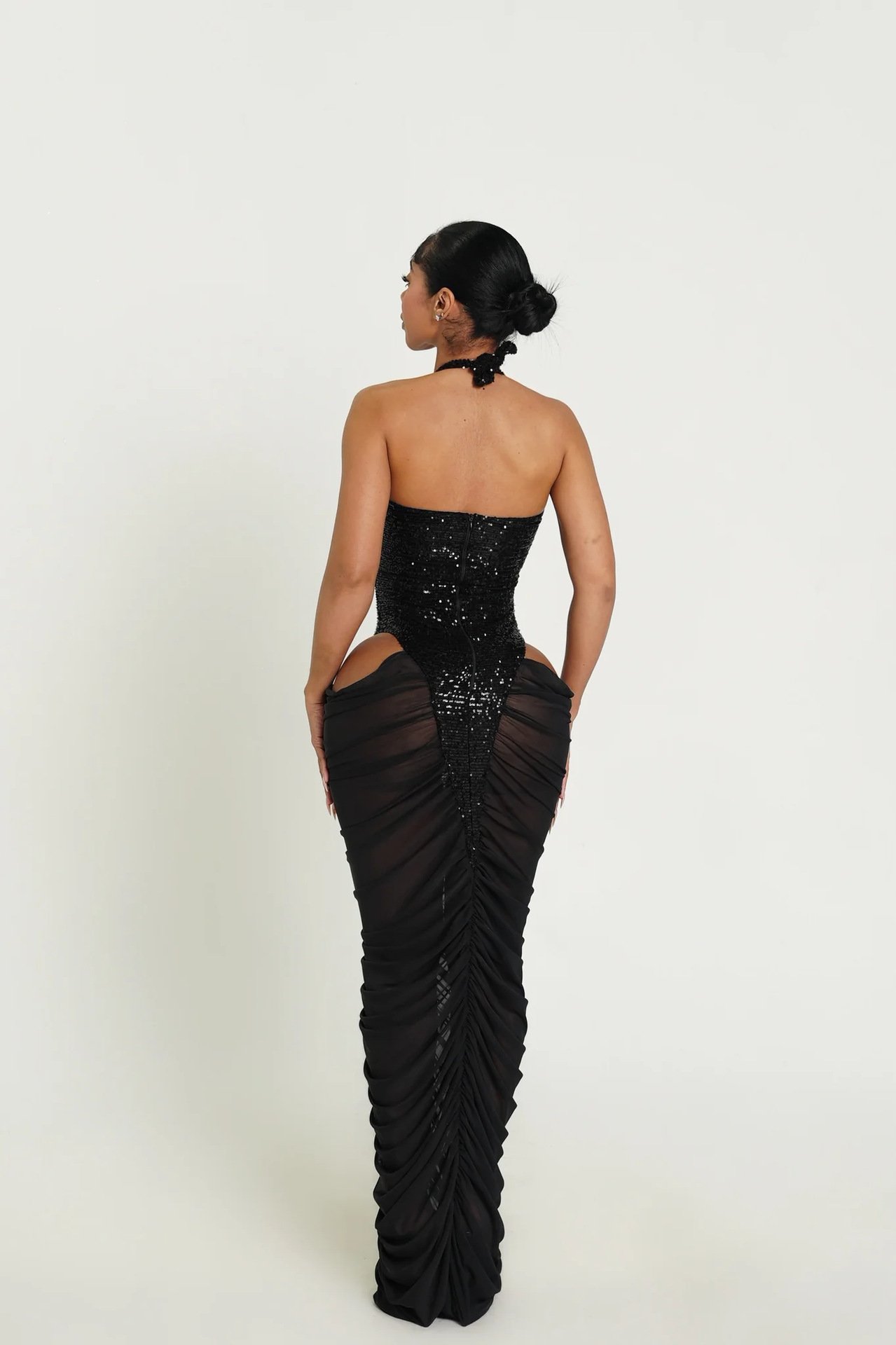High-slit Mesh Panel Sequin Halter Gown