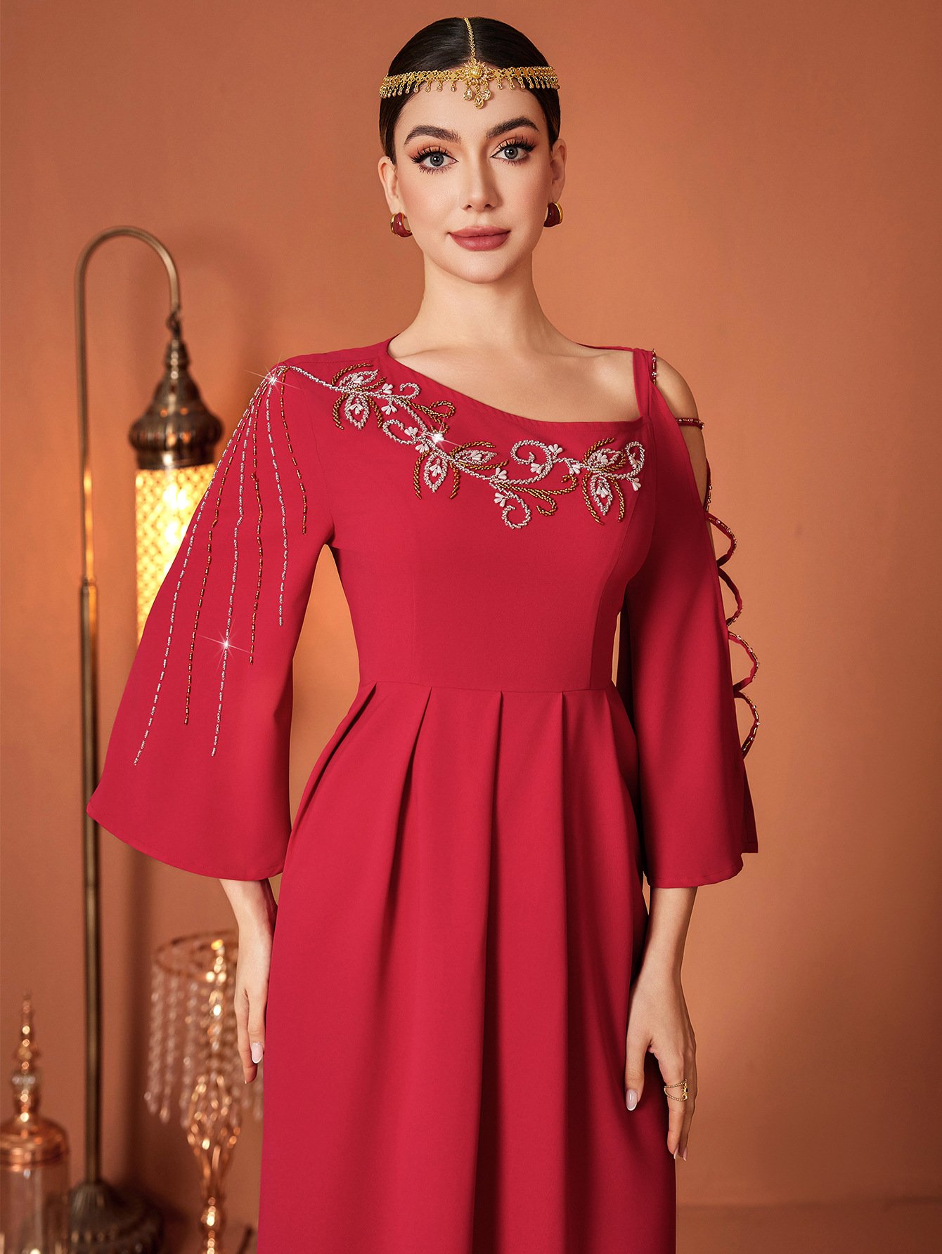 Red Designer Model Heavy Industry Hand Sewing Drill Off-the-shoulder Dress