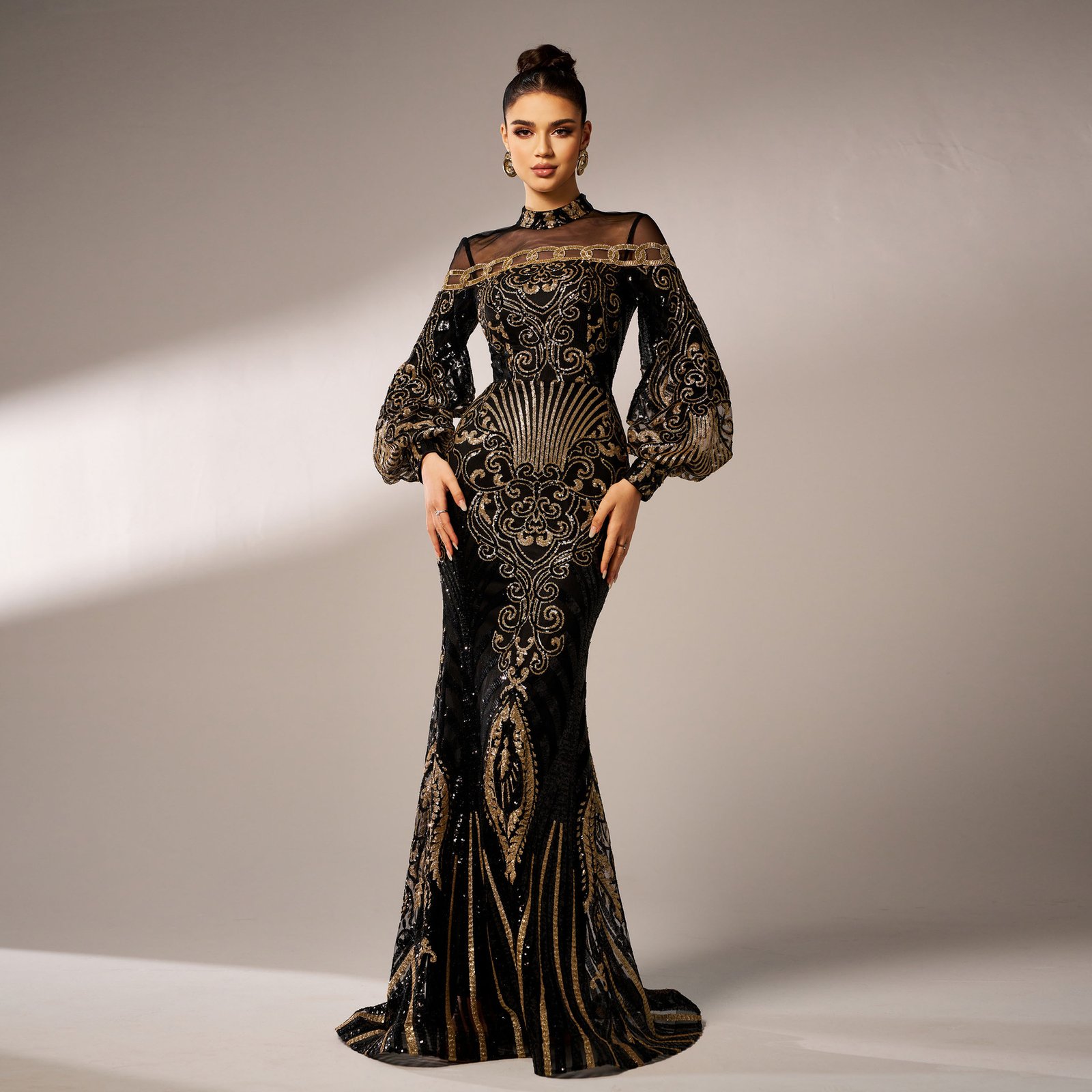 Long Sleeve Round Neck Sequins Mesh Fishtail Evening Dress
