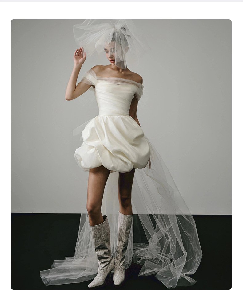 Off-shoulder Light Wedding Dress White Short