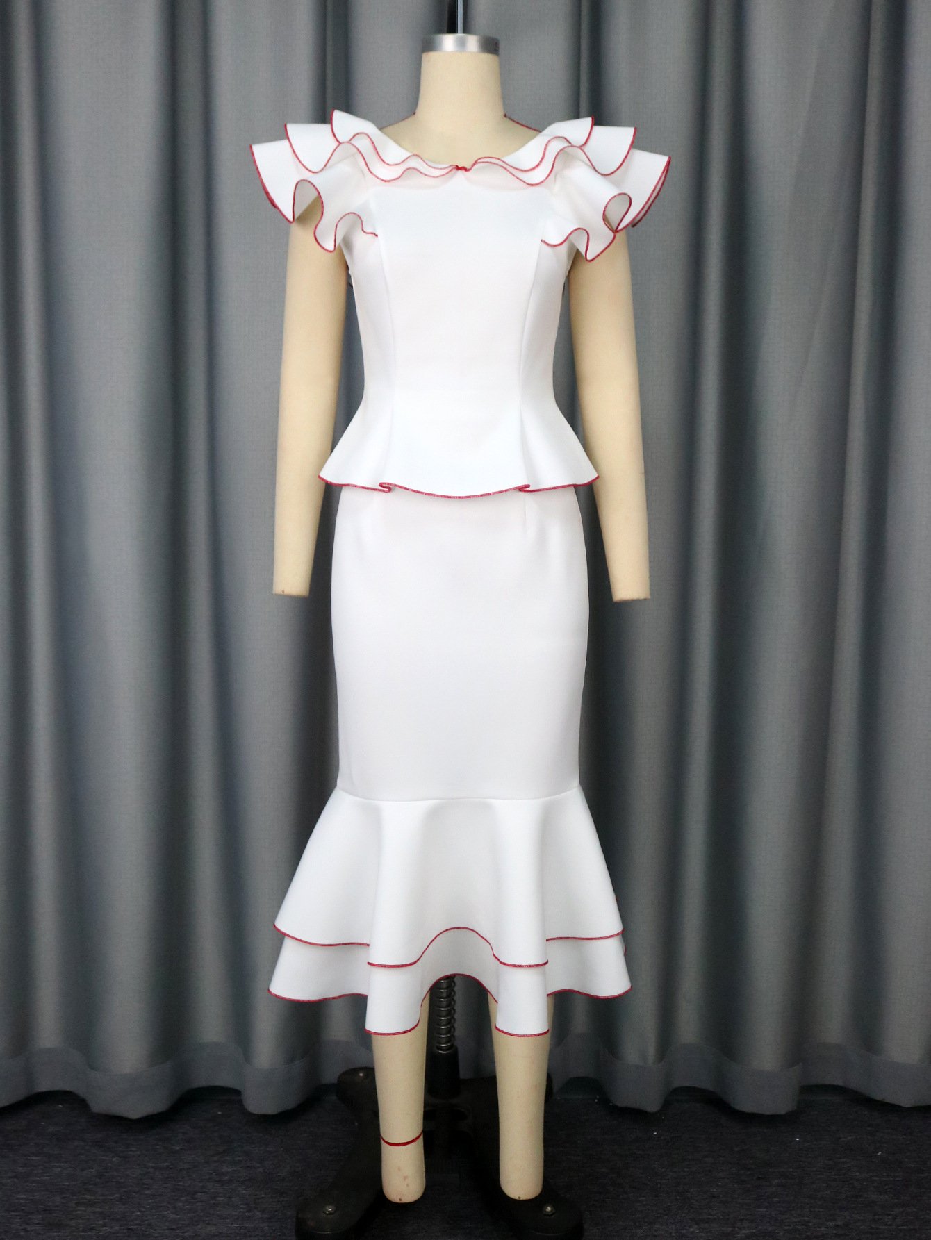 Women's Ruffled Contrast Color Top Temperament Slim Fishtail Skirt Suit