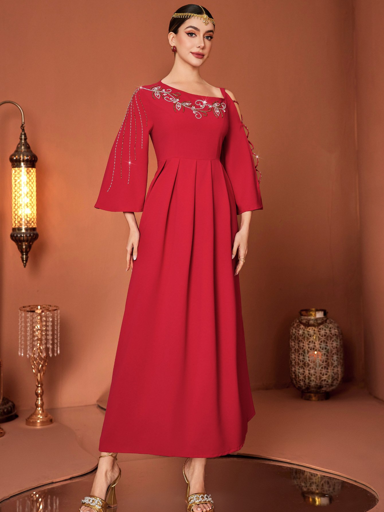 Red Designer Model Heavy Industry Hand Sewing Drill Off-the-shoulder Dress