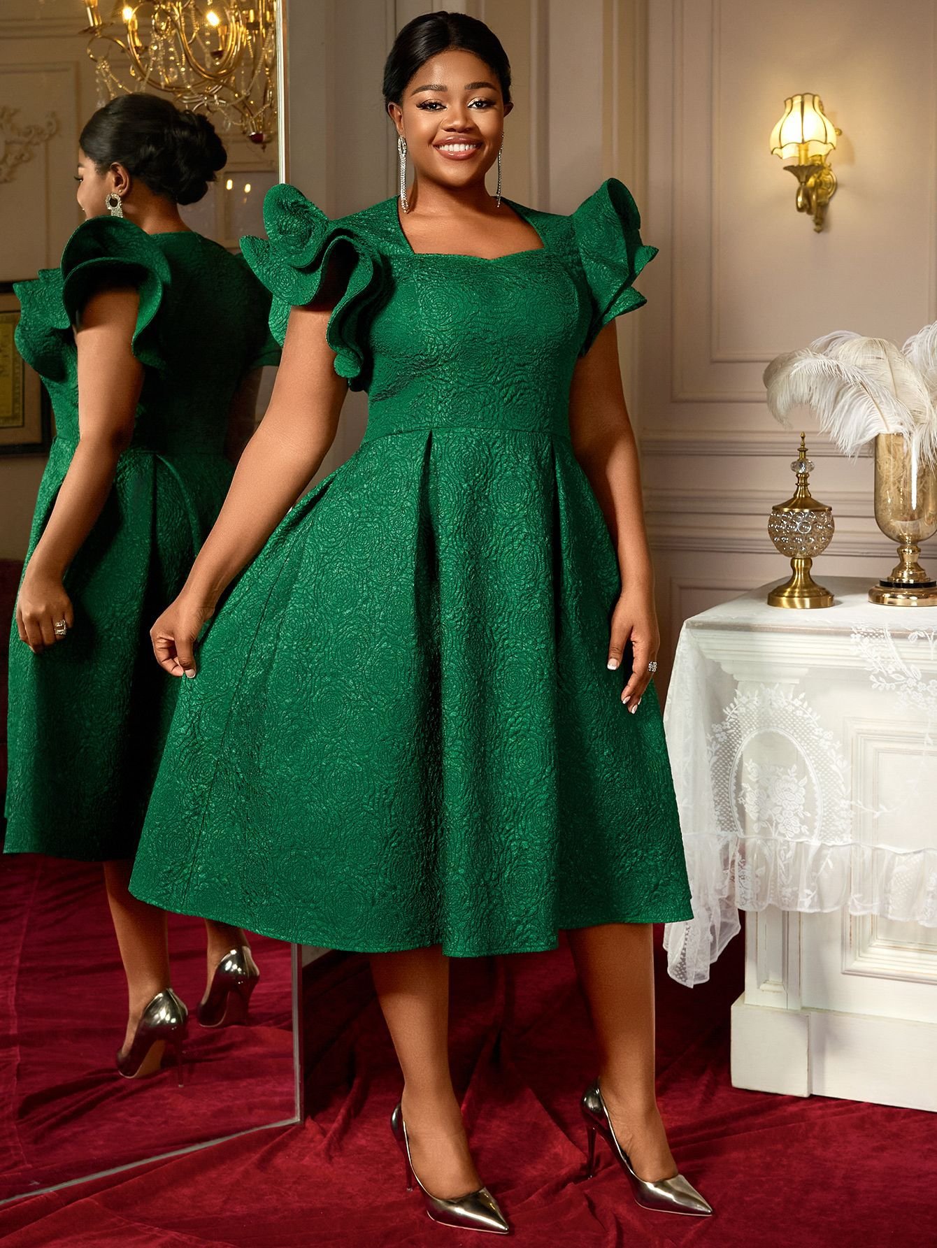 Lotus Leaf Three-dimensional Sleeves A- Hem Slimming Evening Dress