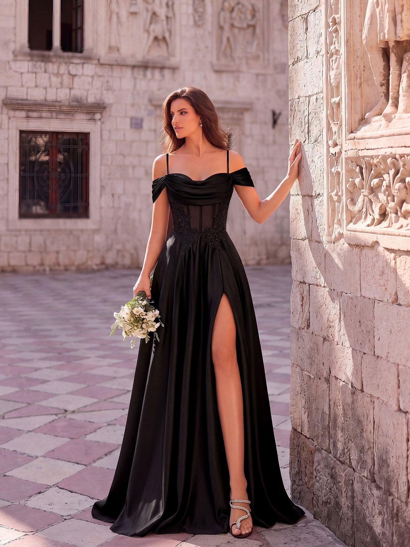 Light Luxury Sheer Lace Satin Evening Dress Off-Shoulder Strap Wedding Dinner Long Dress