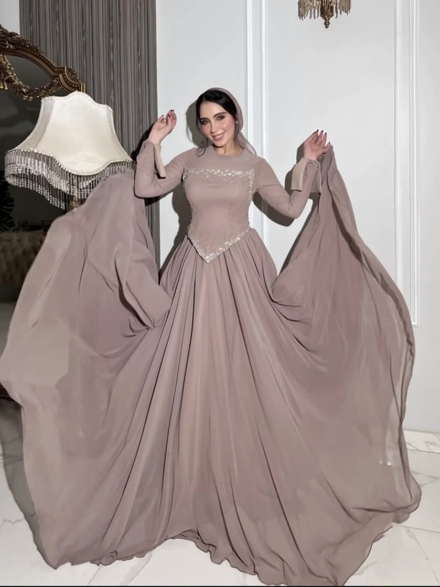 Elegant Long-Sleeve Rhinestone-Embellished Evening Gown