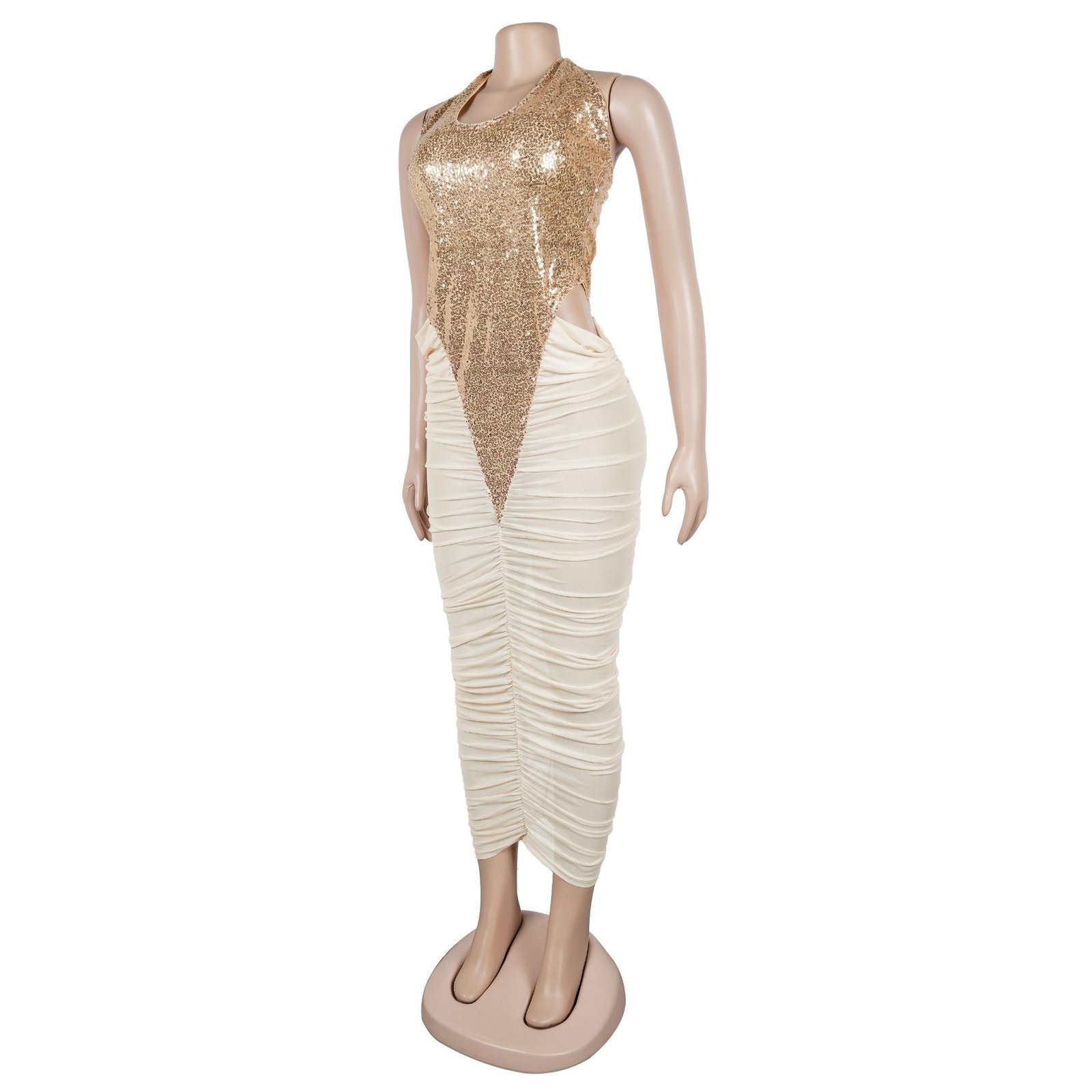 High-slit Mesh Panel Sequin Halter Gown