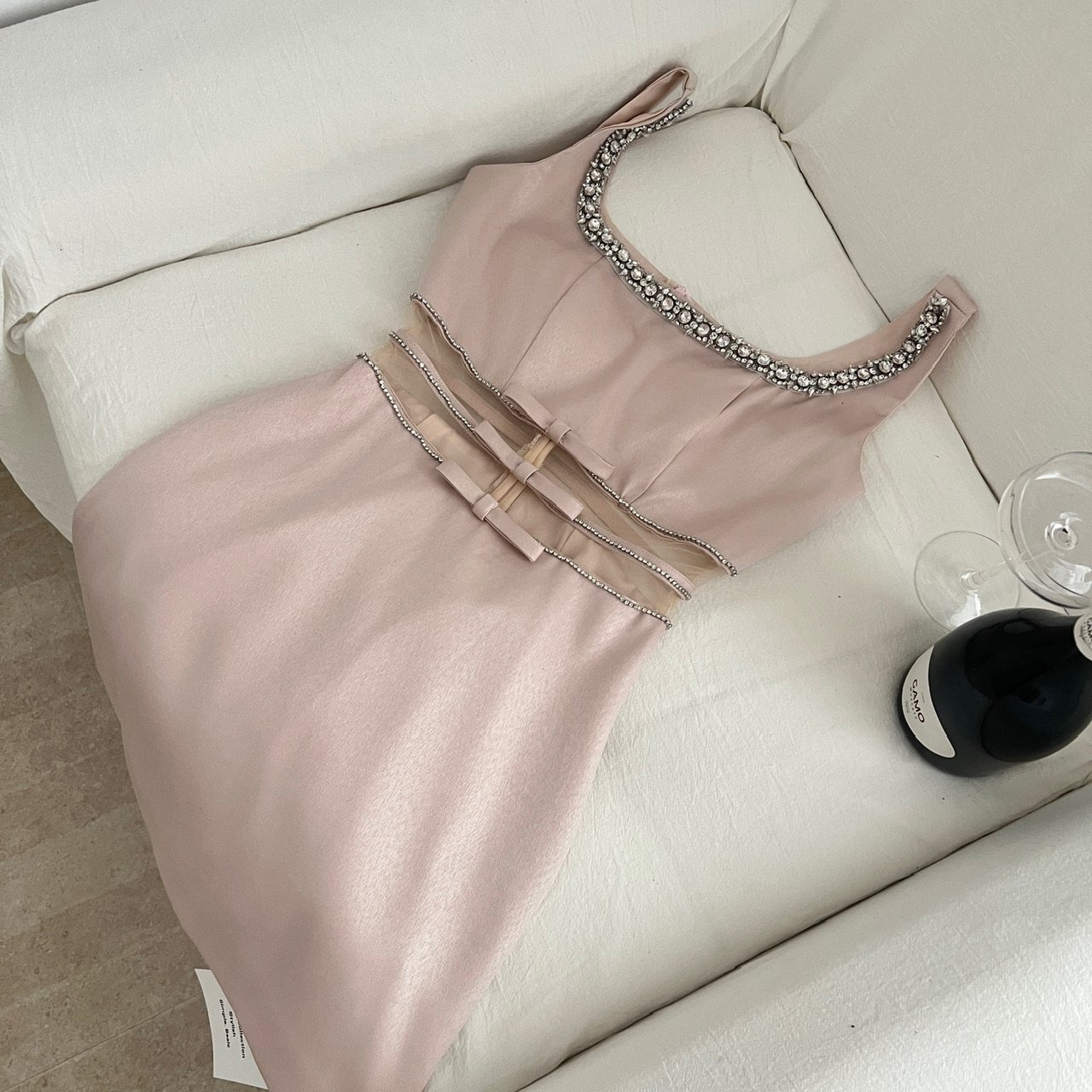 Blush Tone Sleeveless Rhinestone Collar Bow Waist Bridesmaid Cocktail Dress