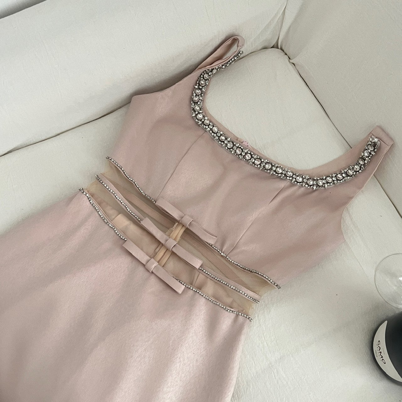 Blush Tone Sleeveless Rhinestone Collar Bow Waist Bridesmaid Cocktail Dress