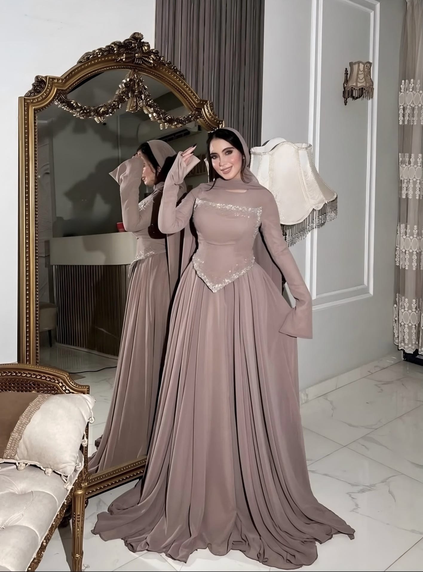 Elegant Long-Sleeve Rhinestone-Embellished Evening Gown