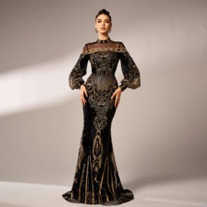 Long Sleeve Round Neck Sequins Mesh Fishtail Evening Dress
