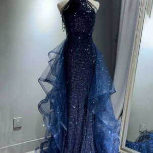 Sequin Halter Beaded Strap Mermaid Ruffle Tulle Train Evening Gown