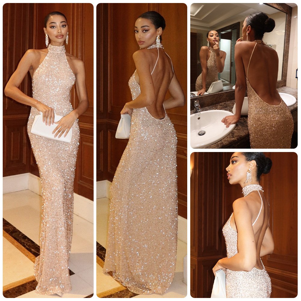 Strapless Sequined Beaded-embellished Elegant Evening Gown
